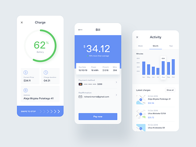 Application for electric cars activity battery bill card graph grid map nav navigation payment productivity swipe time typogaphy