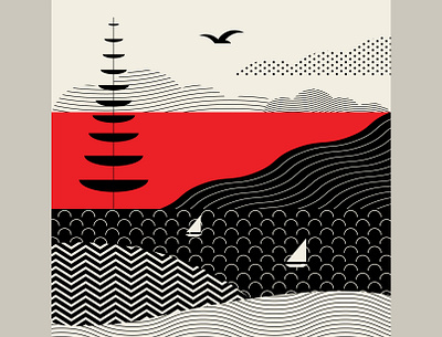 Santa Monica Bay-ish abstract birds black design geometric illustration minimalist ocean red sailboat santa monica trufcreative vector