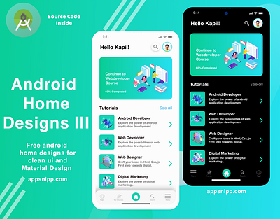 android education app home designs with dark mode android app app appsnipp design illustration ios minimal modern ui ux