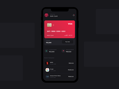 Credit Card - Mobile Banking App android app app banking app bill payment concept credit card credit card bill dark theme dark ui design finance app ios transactions ui ux