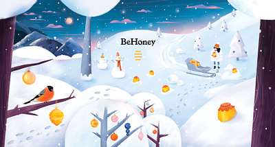 BeHoney Christmas packaging artist blue branding design christmas christmas tree cute drawing girl holiday honey illustration illustrator kids night snow toys winter