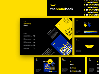 Brand guidelines book • betruemedia bold branding color palette dark deck flat font icon logo logos logotype mark poster presentation slide swatch typography yellow