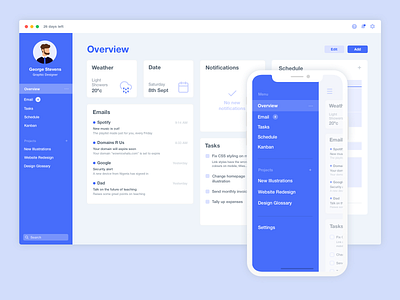 Minimal Morning Overview Dashboard app blue daily dashboard date design email hub illustration interface interface design menu schedule simple simple logo tasks ui ux weather