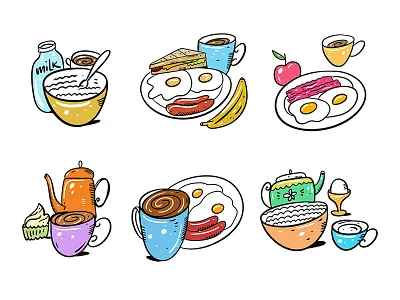 Breakfest apple breakfast cartoon coffee cup cute design drink eat egg eggs food icon illustration milk mug sketch tea teapot vector