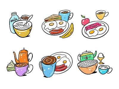 Breakfest apple breakfast cartoon coffee cup cute design drink eat egg eggs food icon illustration milk mug sketch tea teapot vector