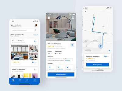 CoWork Mobile App app blue brand clean community coworking design designer event map minimal mobile mobile app photos popular trending ui ux website working space