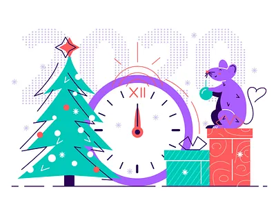 Happy New Year 2020. Cute smile rat decorate Christmas Tree 2020 character chinese new year christmas christmas tree clock design flat gifts happy holidays happy new year holiday illustration line style merry christmas new year new year 2020 rat stroke of midnight vector