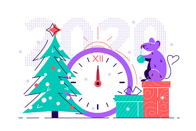 Happy New Year 2020. Cute smile rat decorate Christmas Tree 2020 character chinese new year christmas christmas tree clock design flat gifts happy holidays happy new year holiday illustration line style merry christmas new year new year 2020 rat stroke of midnight vector