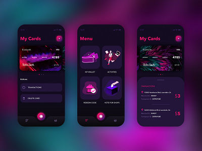 Cards abstract application blur blurred background card card design challenge dailyui dark app dark ui gradient menu menu card menu design menubar mobile mobile app purple gradient ui ux