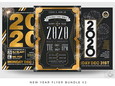 New Year Flyer Bundle V2 balck classy club design dj elegant gold new year new year 2020 new year flyer new year party new year poster new years new years eve night nightclub photoshop print psd template