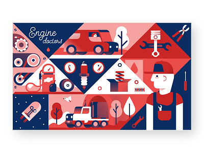 Engine Doctors car flat illustration illustrator miguelcm scene truck vehicle workshop