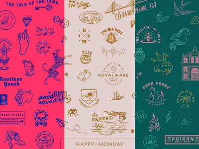 Logo Concepts for Brand in a Box badge boho brand branding design emblem grunge hand drawn handdrawn identity illustration lettering line art logo old pattern retro vin vintage worn