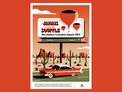 "Never Breathless" billboard cactus car clouds desert illustration poster route 66 sky space vector vintage