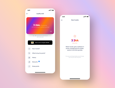 Cinema Loyalty Screen bonuses cinema discount ios loyalty card loyalty program mobile app mobile app design mobile design movie app point points ui ux design