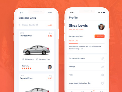 Car Rental Exploration / Profile Page app app design background check car cards design hyrecar ios irvine list location los angeles orange county rental rental app search ui ux