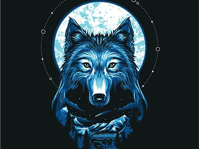 Wolf animal art design illustration lake moon moonlight mountain mountains night scenery sky stars vector wolf wolves