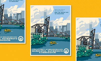 South Branch boat chicago illustration river searstower