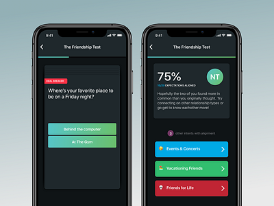 Friendship Test buttons friends progress progress bar quiz quiz app results swipe test ui