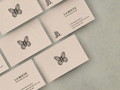 LA BOITE Signature Blooms - shop card design branding butterfly card crosshatch crosshatching flowers hand drawn illustration logo minimalist monogram nature shop card