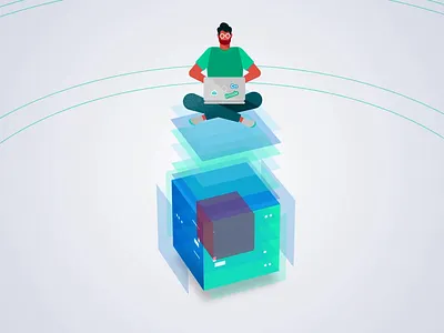 On top of data 2d animation branding character cube data design developer digital engineer illustration laptop man motion graphics software tech explainer technology vector worker working