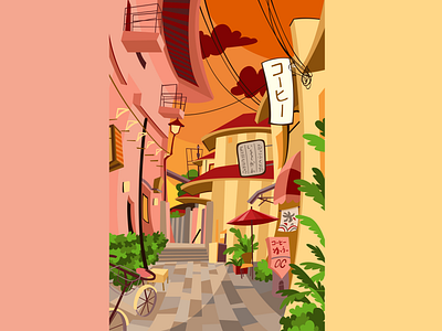 Stylized japanese alley background alley art background draw drawing illustration vector vector art vector illustration vectorart