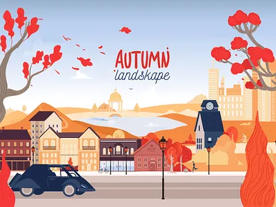 Autumn city outdoor flat vector illustration architecture autumn autumn landscape background banner bicycle building cartoon city cityscape concept cute design europe facade fall flat graphic
