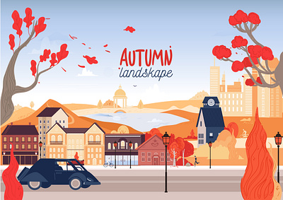 Autumn city outdoor flat vector illustration architecture autumn autumn landscape background banner bicycle building cartoon city cityscape concept cute design europe facade fall flat graphic