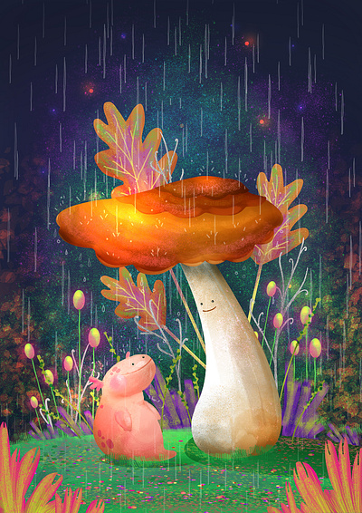 Salamander and the Fun Guy animal biology character character design concept art digital digital art digital painting drawing ecosystem enchanted floral flower forest illustration magical mushroom nature plants rain