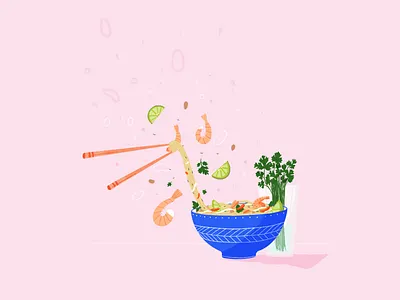 Pad thai & Coriander art asian asian food asiatic bowl colors coriander coriandre crevettes food herb illustration illustration design illustrator lemon pad thai procreate texture
