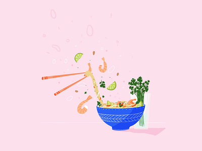 Pad thai & Coriander art asian asian food asiatic bowl colors coriander coriandre crevettes food herb illustration illustration design illustrator lemon pad thai procreate texture