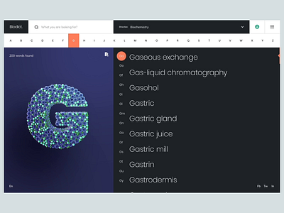 Biodict 3d animation biology c4d dictionary directory evne graphic design letters list sorting ui ux web design