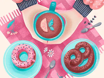 Cozy winter tea party with sweets autumn book characters child coffee cozy design donut flatdesign girl illustration illustration art pink procreate sweet tea texture textured winter