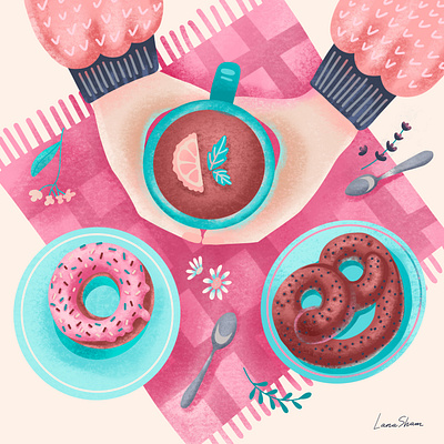 Cozy winter tea party with sweets autumn book characters child coffee cozy design donut flatdesign girl illustration illustration art pink procreate sweet tea texture textured winter