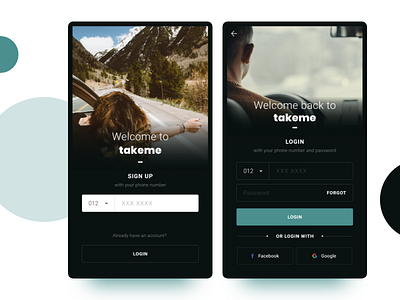 Sign up/Login app design dark green login modern signup