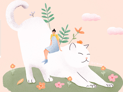 Lazy cat and little girl cat design girl illustration plant illustration 手绘