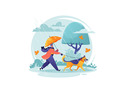 Man walking his dog 2d adobe illustrator art autumn cartoon character character design color concept design dog drawing flat outdoor owner park puddles rain umbrella vector vector art