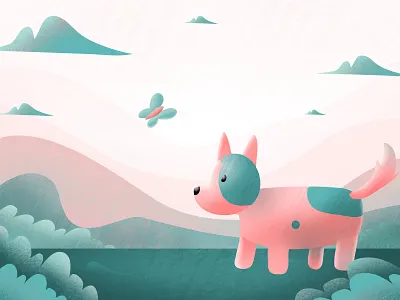 A Little Dog with Butterfy butterfly cute design dog illustration kawai nature outdoor