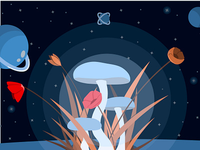 Moon mushrooms blue flowers illustration light mushrooms planets red space stars