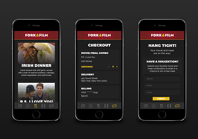 Fork & Film App app design apps dinner meals mobile app design mobile design movie night movies red