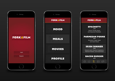 Fork & Film App app design apps dinner meals mobile app design mobile design movie night movies red