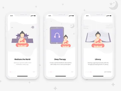 Meditation app concept cards homepage illustration ios app design ios design logo meditation app tab menu ui walkthrough screens