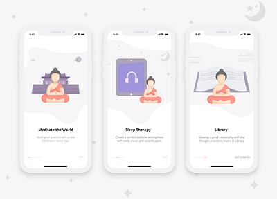 Meditation app concept cards homepage illustration ios app design ios design logo meditation app tab menu ui walkthrough screens