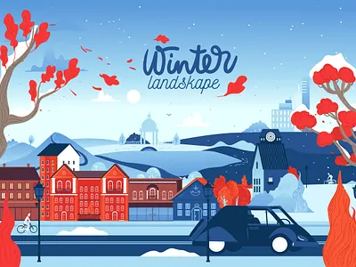 Street cute small houses. landscape winter city outdoor. flat architecture background banner buildings car card christmas city cold color cypress december decoration evening greeting high rise building holiday home horizontal house