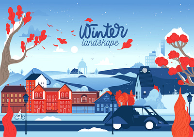 Street cute small houses. landscape winter city outdoor. flat architecture background banner buildings car card christmas city cold color cypress december decoration evening greeting high rise building holiday home horizontal house