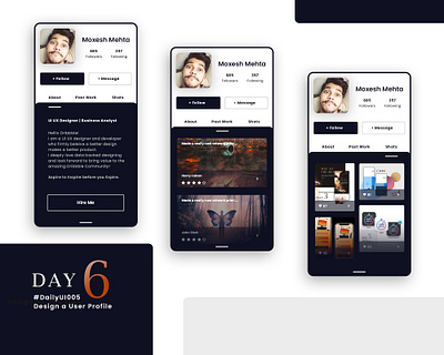 Moxesh Mehta | Daily UI 06 | User Profile 5th shot 90daysofui 90daysuichallenge daily ui dailyui dailyui 006 dailyuichallenge dark dark design dark mode day6 design follower following newtodribbble ui uiux user profile user profile design userprofile