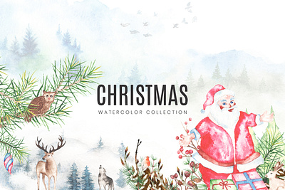 2020 Christmas Watercolor Collection christmas bouquet christmas elements christmas patterns christmas set christmas wreath getting card hand painted merry christmasm santa claus xmas collection