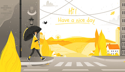 autumn in yellow . Girl walk on the street with an umbrella architecture autumn background banner bicycle bird building city clouds field flat illustration girl horizon illustration rain street umbrella vector wheat fields yellow