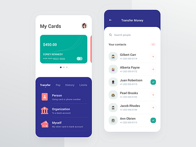 Bank App android app bank card clean contacts flat ios iphone minimal ui
