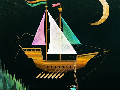 Flying Ship flying folktale illustration moon ship sky stars