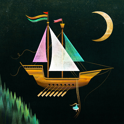 Flying Ship flying folktale illustration moon ship sky stars